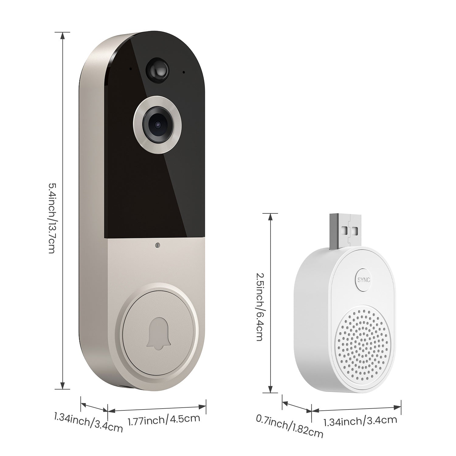 Wireless smart video doorbell with HD camera, night vision, two-way audio, motion detection, and wireless chime unit.