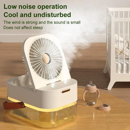Compact USB spray humidifier fan with low noise, cool mist, and soft night light for summer comfort and hydration