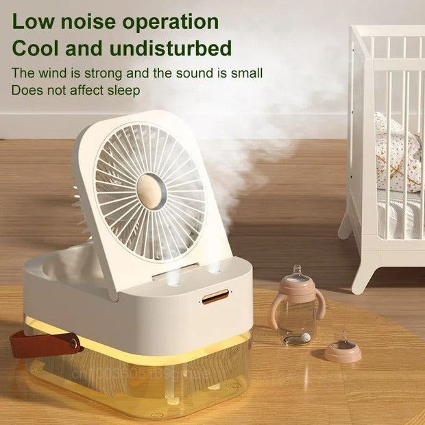 Compact USB spray humidifier fan with low noise, cool mist, and soft night light for summer comfort and hydration
