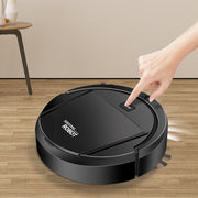 Smart Robot Vacuum Cleaner in black being activated by a finger on hardwood floor with modern furniture nearby