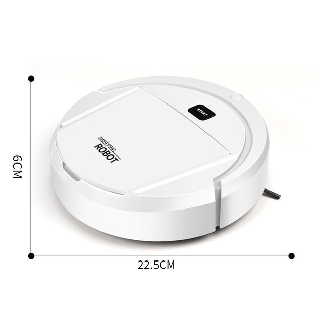 Compact white smart robot vacuum cleaner with smart navigation and self-charging dock, measuring 22.5cm by 6cm