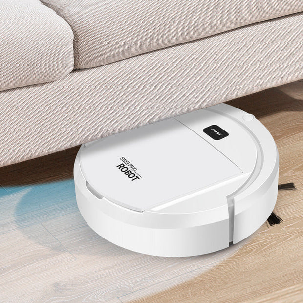 Smart robot vacuum cleaner sweeping under couch on hardwood floor with dust and debris