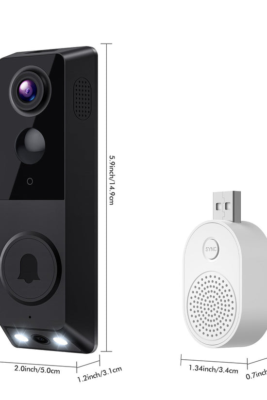 Wireless Smart Video Doorbell with HD camera, night vision, motion detection, two-way audio, and wireless chime receiver.