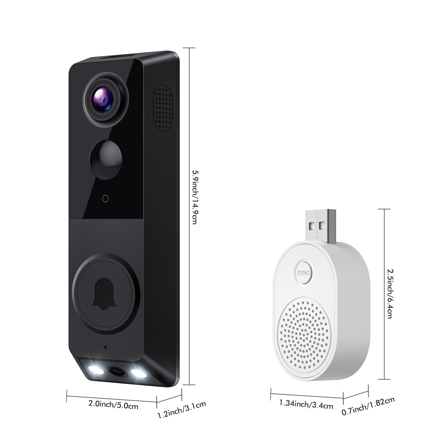 Wireless Smart Video Doorbell with HD camera, night vision, motion detection, two-way audio, and wireless chime receiver.