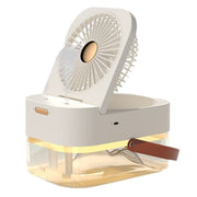 Compact USB spray humidifier fan with built-in light and portable design for cooling and moisturizing air