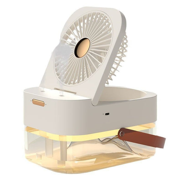 Compact USB spray humidifier fan with built-in light and portable design for cooling and moisturizing air