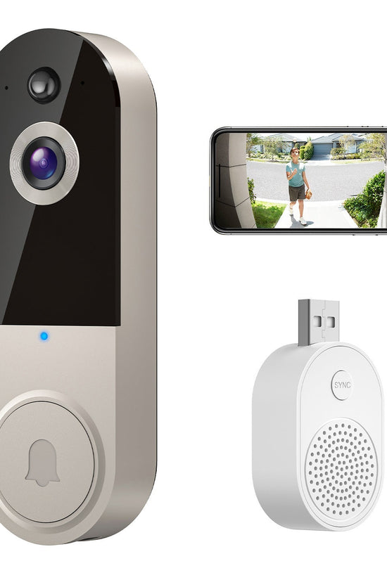 Wireless smart video doorbell with HD camera, night vision, two-way audio, motion alerts, and smartphone remote monitoring.