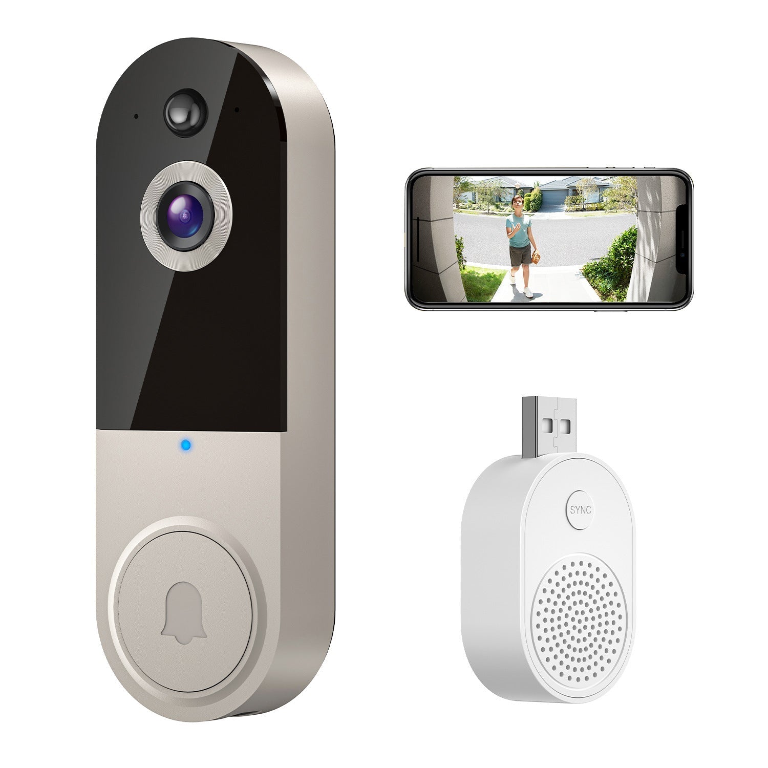 Wireless smart video doorbell with HD camera, night vision, two-way audio, motion alerts, and smartphone remote monitoring.