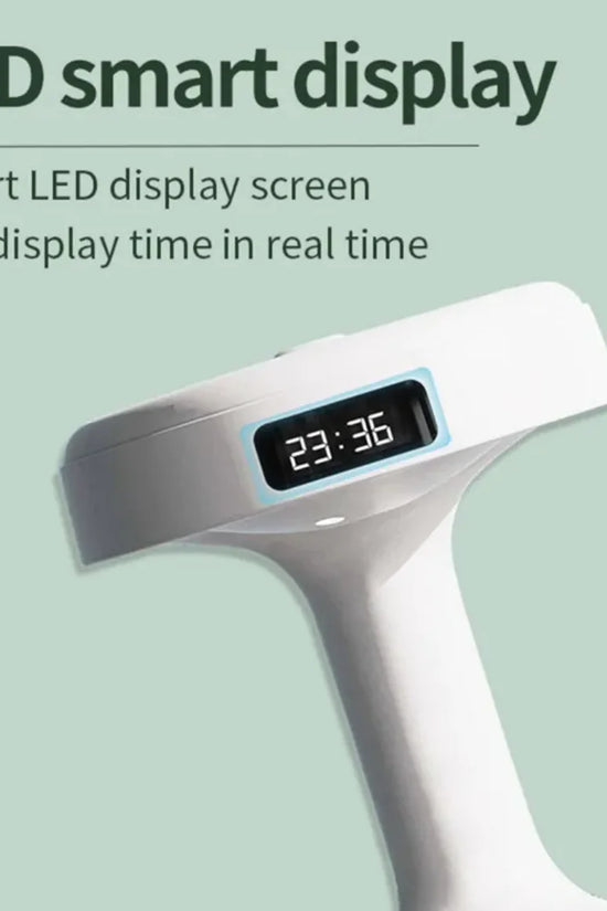 White LED smart display with digital clock on a light green background