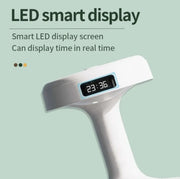 White LED smart display with digital clock on a light green background