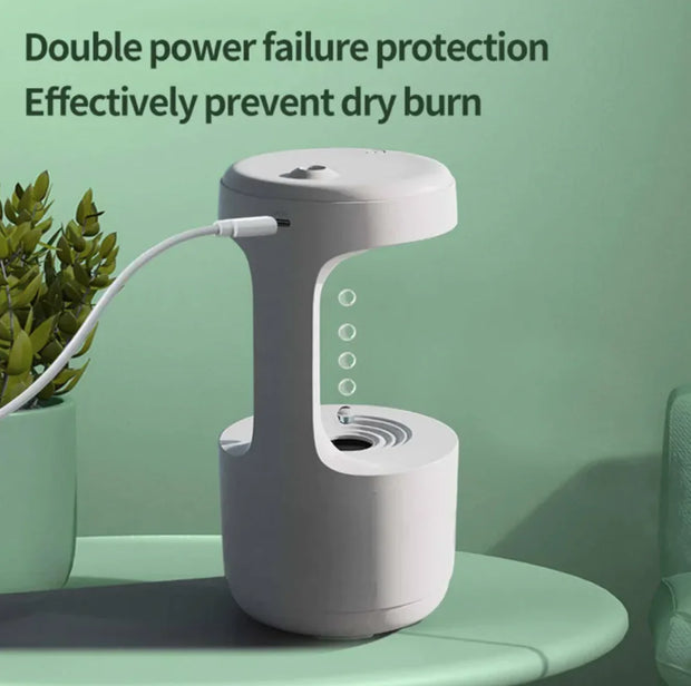 White humidifier with text about double power failure protection on a green background