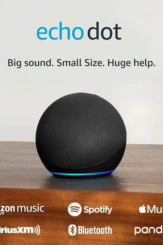 Alexa smart voice speaker Echo Dot with voice control and premium sound on wooden surface