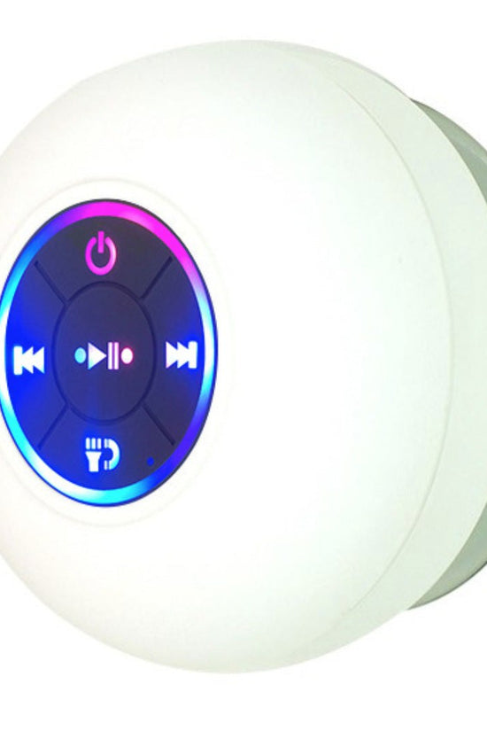 Waterproof Bluetooth shower speaker with suction cup, LED mood light, and USB rechargeable battery