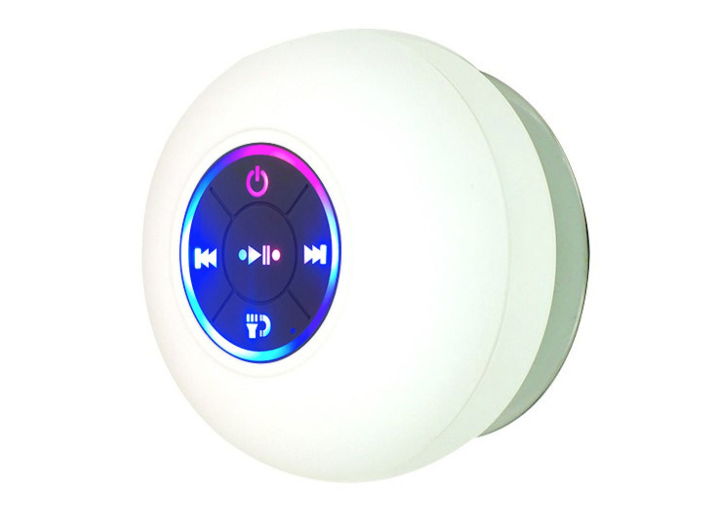Waterproof Bluetooth shower speaker with suction cup, LED mood light, and USB rechargeable battery
