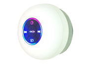 Waterproof Bluetooth shower speaker with suction cup, LED mood light, and USB rechargeable battery