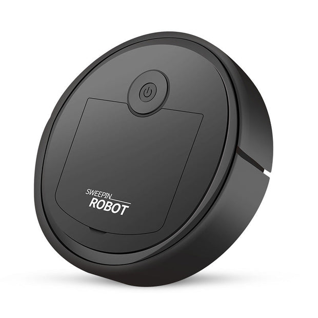 Black smart robot vacuum cleaner with sleek round design and power button on top