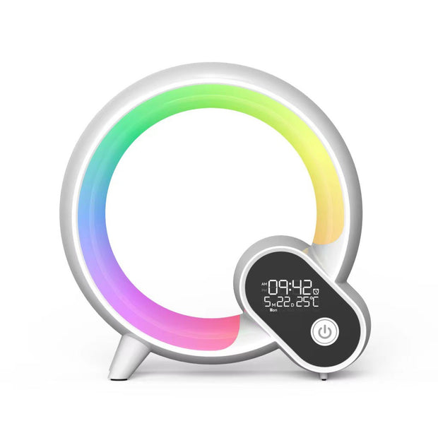 Modern sunrise alarm clock with Bluetooth speaker and colorful mood lighting ring