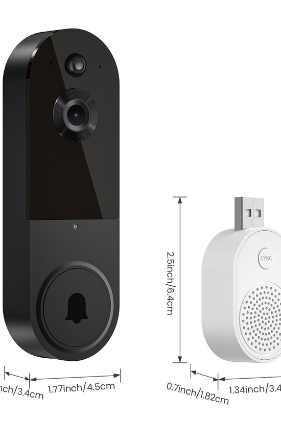Wireless Smart Video Doorbell with HD camera, night vision, two-way audio, motion detection, and wireless installation, shown with dimensions and separate chime unit.