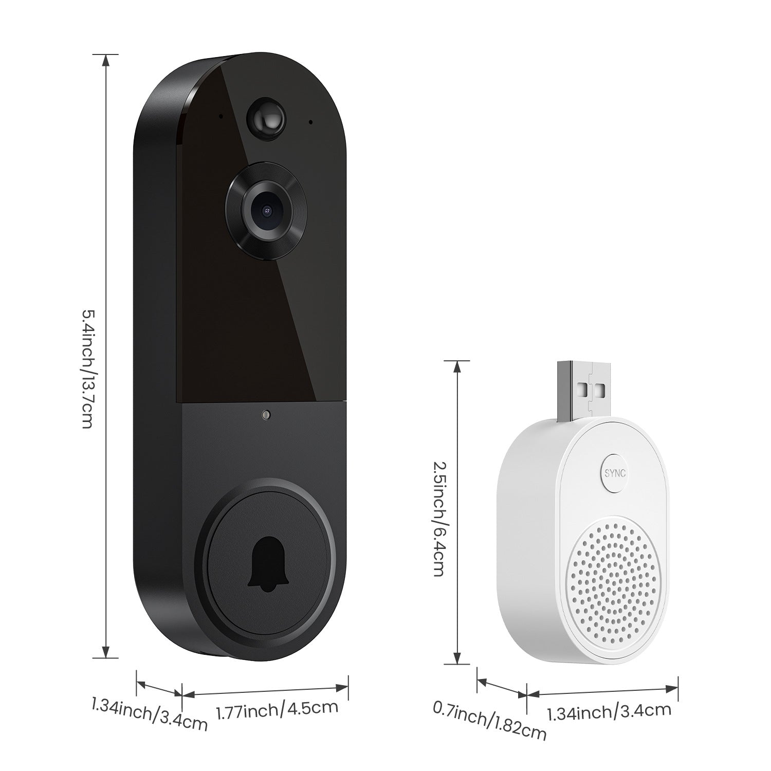 Wireless Smart Video Doorbell with HD camera, night vision, two-way audio, motion detection, and wireless installation, shown with dimensions and separate chime unit.
