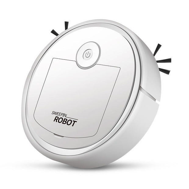 White smart robot vacuum cleaner with side brushes for automatic floor cleaning and sweeping