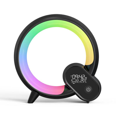 Modern sunrise alarm clock with Bluetooth speaker and digital-analog display featuring multicolor mood lighting