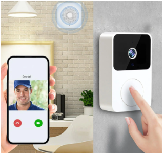 Wireless video doorbell showing HD video on smartphone with two-way audio and indoor chime unit in modern home setting