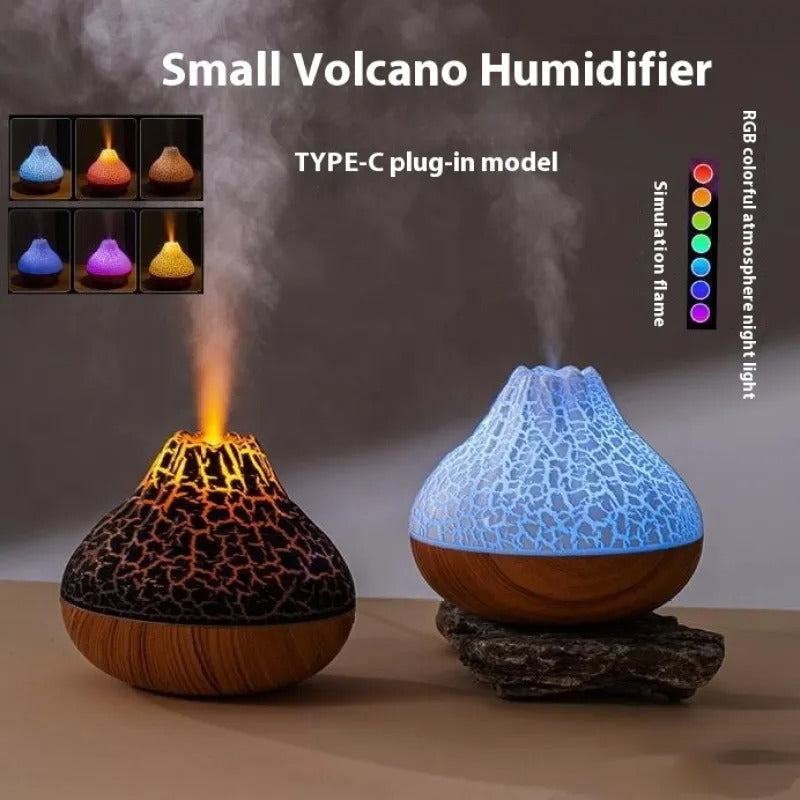 Small Volcano Humidifier with glowing crackle design, color-changing LED lights, and cool mist vapor on wooden base, USB powered and portable.