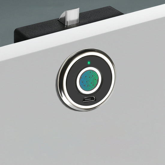 Smart fingerprint cabinet lock with biometric access and keyless design on white drawer