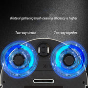 Bottom view of smart robot vacuum showing bilateral gathering brushes with two-way stretch for enhanced cleaning efficiency