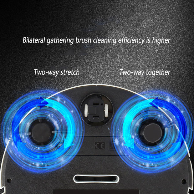 Bottom view of smart robot vacuum showing bilateral gathering brushes with two-way stretch for enhanced cleaning efficiency