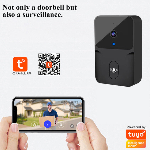 Wireless smart video doorbell with HD camera, two-way audio, night vision, and mobile app connectivity for home security.
