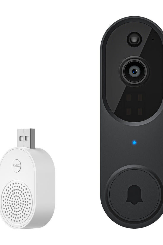 Wireless smart video doorbell with HD camera, night vision, two-way audio, and wireless USB chime receiver.