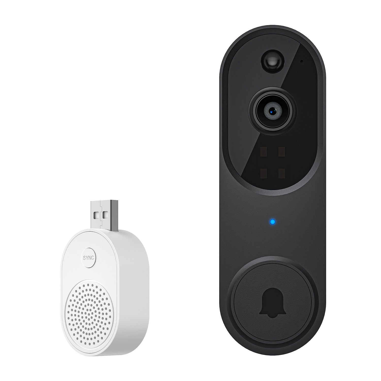 Wireless smart video doorbell with HD camera, night vision, two-way audio, and wireless USB chime receiver.