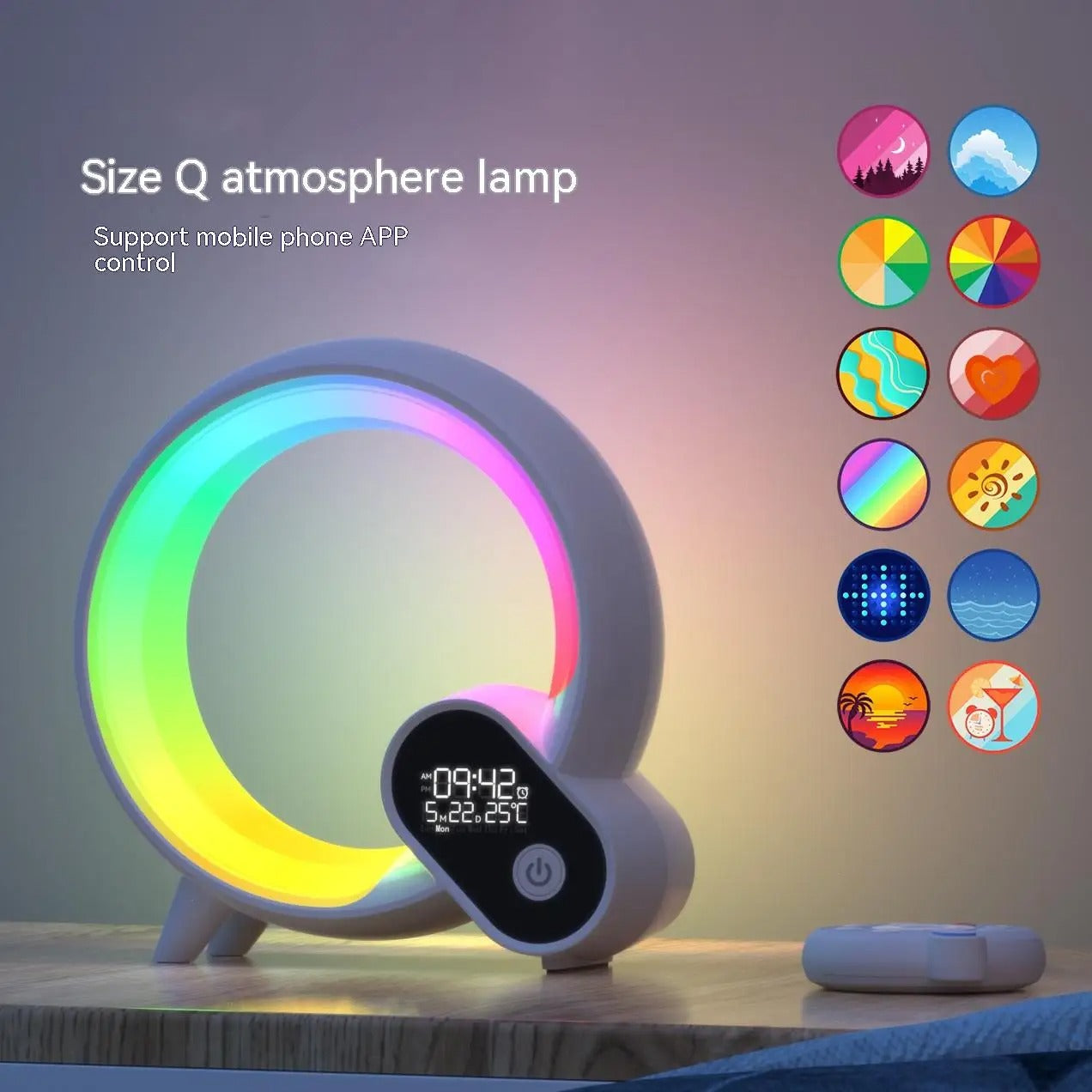 Sunrise alarm clock with Bluetooth speaker and colorful mood lighting on wooden table
