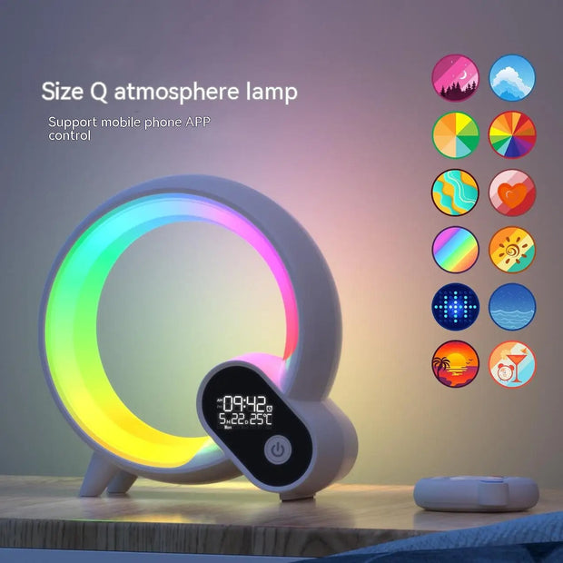 Sunrise alarm clock with Bluetooth speaker and colorful mood lighting on wooden table
