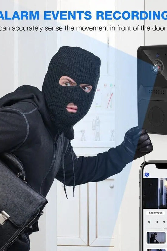 Wireless video doorbell showing alarm event recording with thief detected and live footage on smartphone screen