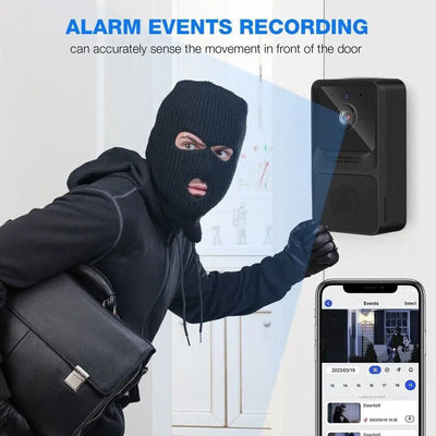 Wireless video doorbell showing alarm event recording with thief detected and live footage on smartphone screen