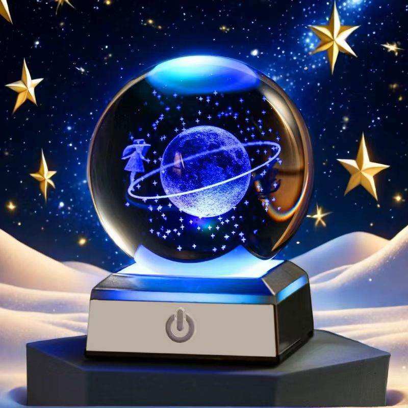 Glowing Galaxy Crystal Ball on Wood Base