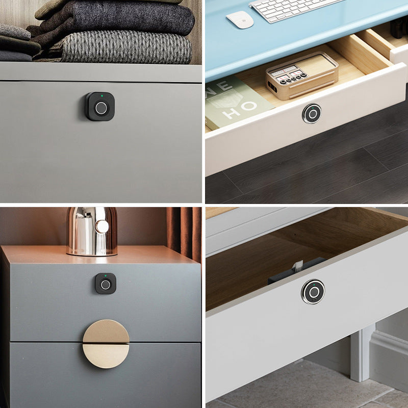 Smart Fingerprint Cabinet Lock installed on various drawers and cabinets with matte black finish and keyless biometric access.