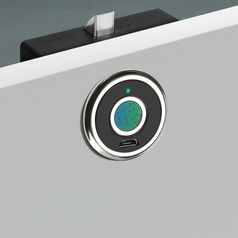 Smart fingerprint cabinet lock with biometric access and sleek matte black finish installed on a white cabinet door.