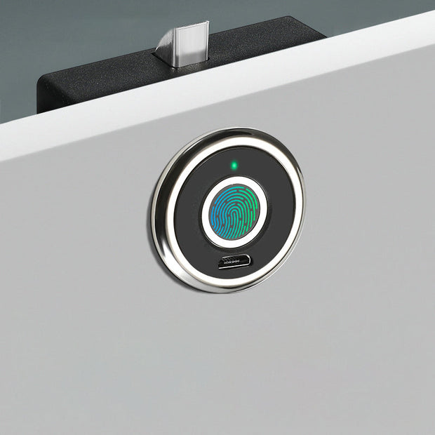Smart fingerprint cabinet lock with biometric access and sleek matte black finish installed on a white cabinet door.
