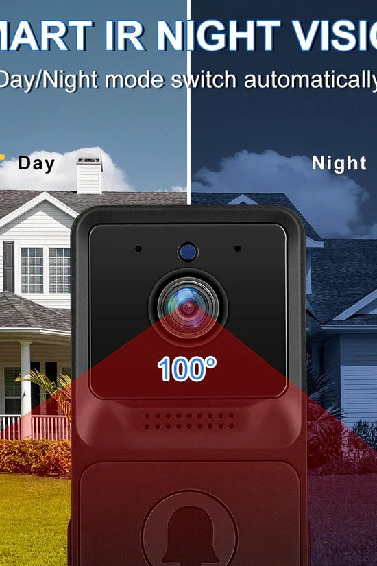 Wireless video doorbell with smart IR night vision and 100-degree viewing angle for day and night monitoring