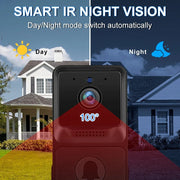 Wireless video doorbell with smart IR night vision and 100-degree viewing angle for day and night monitoring