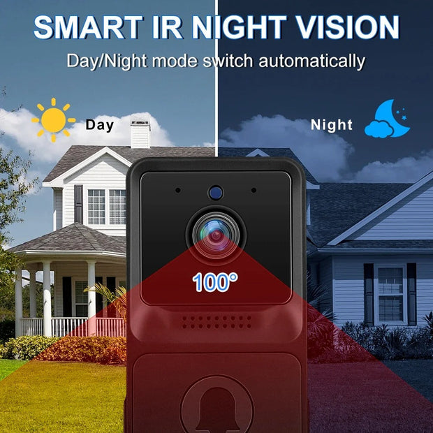 Wireless video doorbell with smart IR night vision and 100-degree viewing angle for day and night monitoring