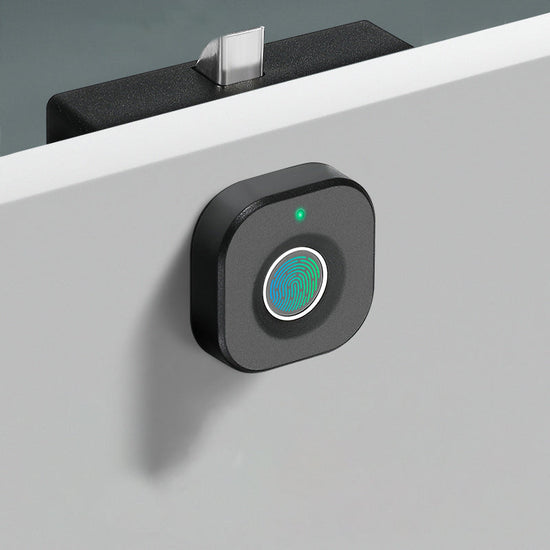Smart fingerprint cabinet lock with biometric access and matte black finish on white drawer
