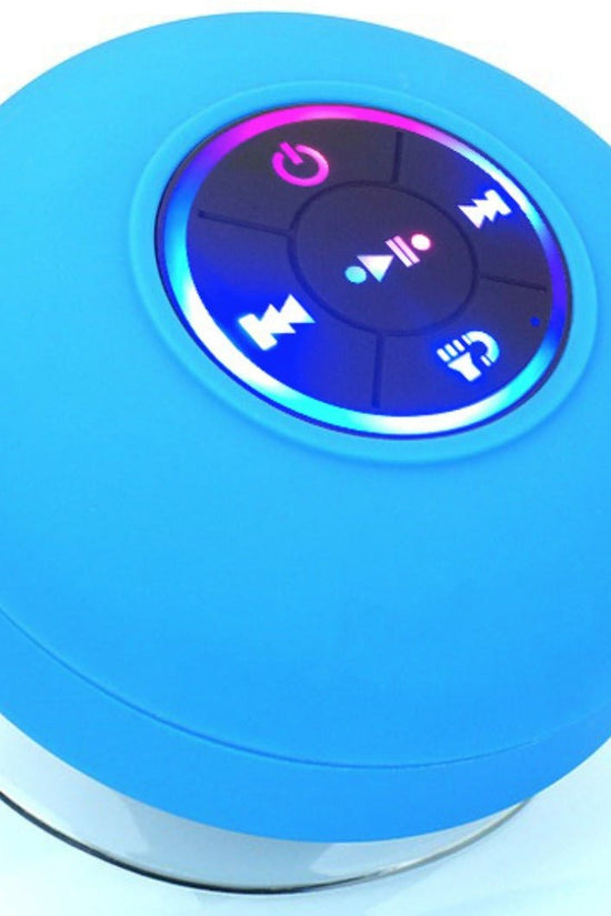 Blue waterproof Bluetooth shower speaker with LED mood light and suction cup base