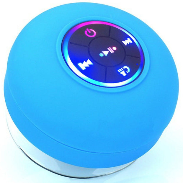 Blue waterproof Bluetooth shower speaker with LED mood light and suction cup base