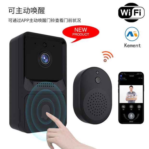 Wireless smart video doorbell with HD camera, two-way audio, indoor monitor, and WiFi connectivity for home security and visitor alerts.