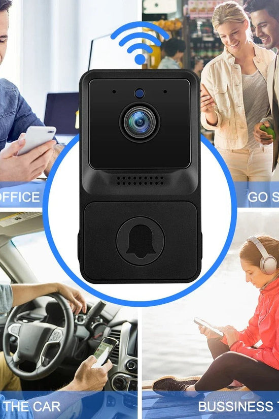 Wireless smart video doorbell with HD camera, two-way audio, and wireless connectivity for home and office security.
