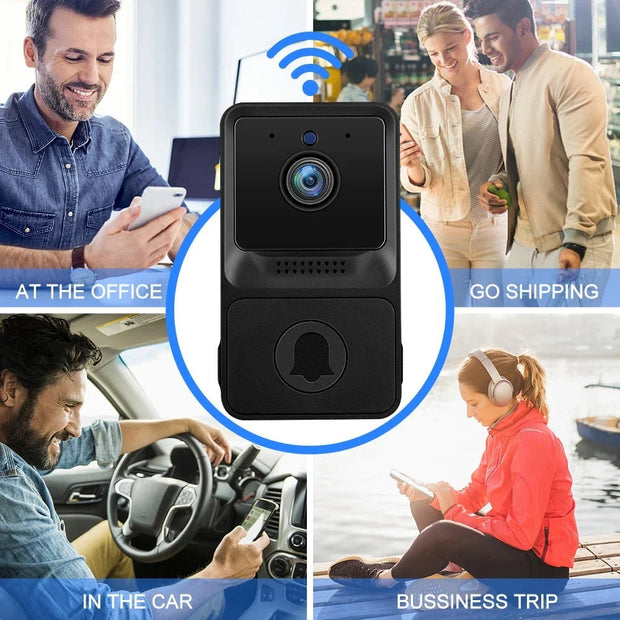 Wireless smart video doorbell with HD camera, two-way audio, and wireless connectivity for home and office security.